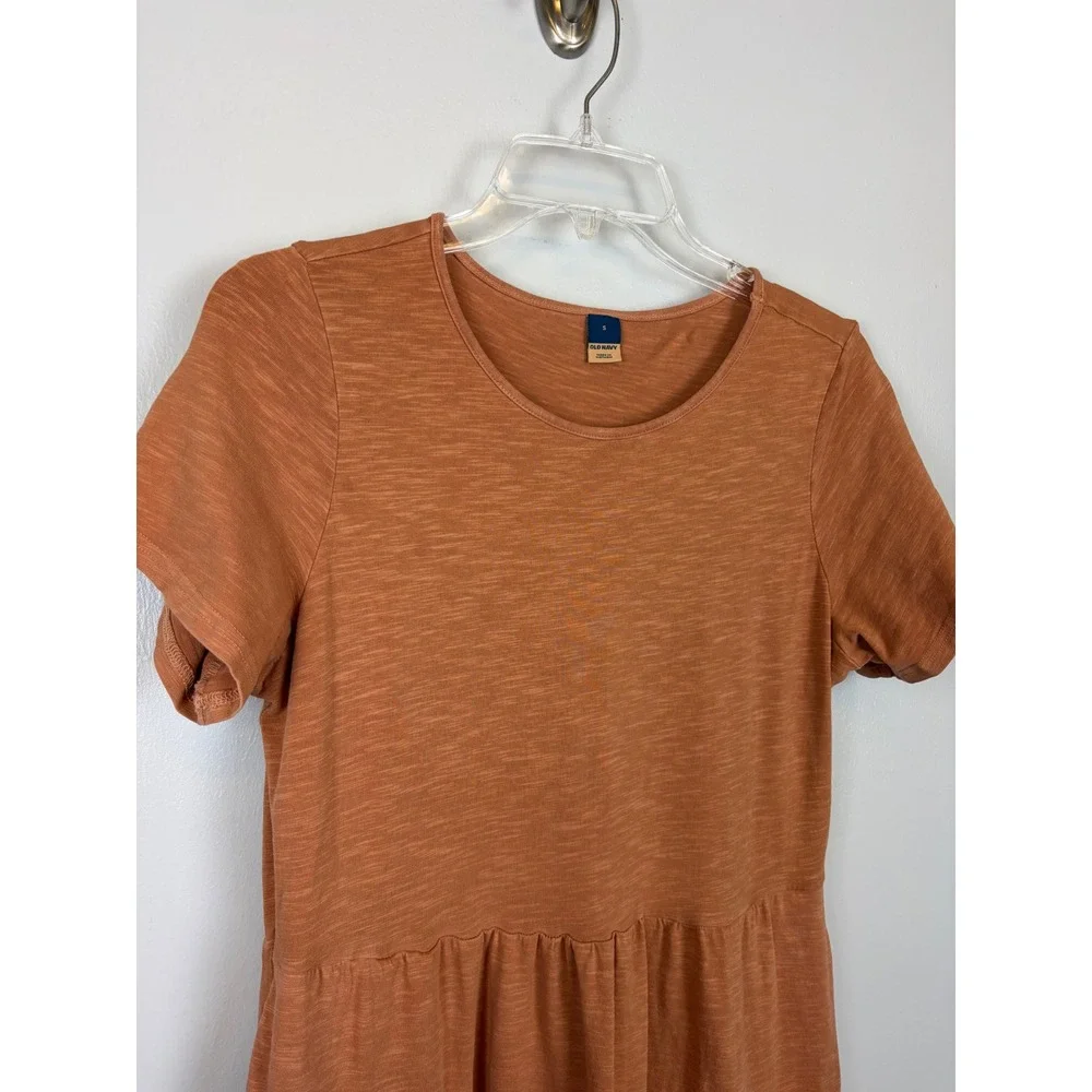 Old Navy Orange Slub Knit Tiered Swing Midi Dress Small Short Sleeve Stretch - Picture 2 of 6